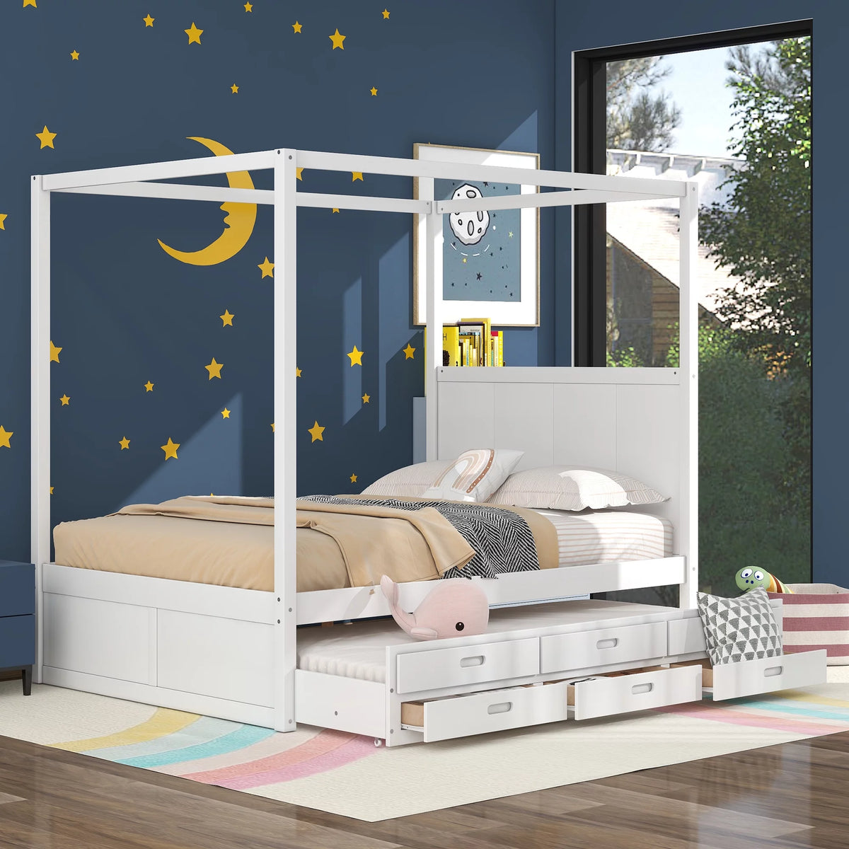 Queen Size Canopy Platform Bed with Trundle and Storage Drawers O53216