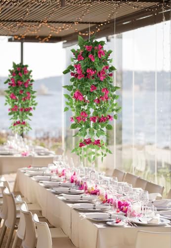 2pcs Artificial Bougainvillea Hanging Flowers 40" Faux Silk Bougainvillea Flower Vines (Rose Red) J563109