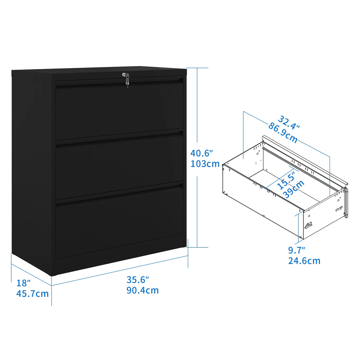 3 Drawer Black Metal Lateral File Cabinet with Lock E4633