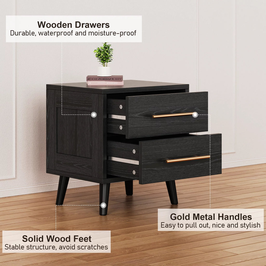 Black 2 Drawer Wood Nightstand L436