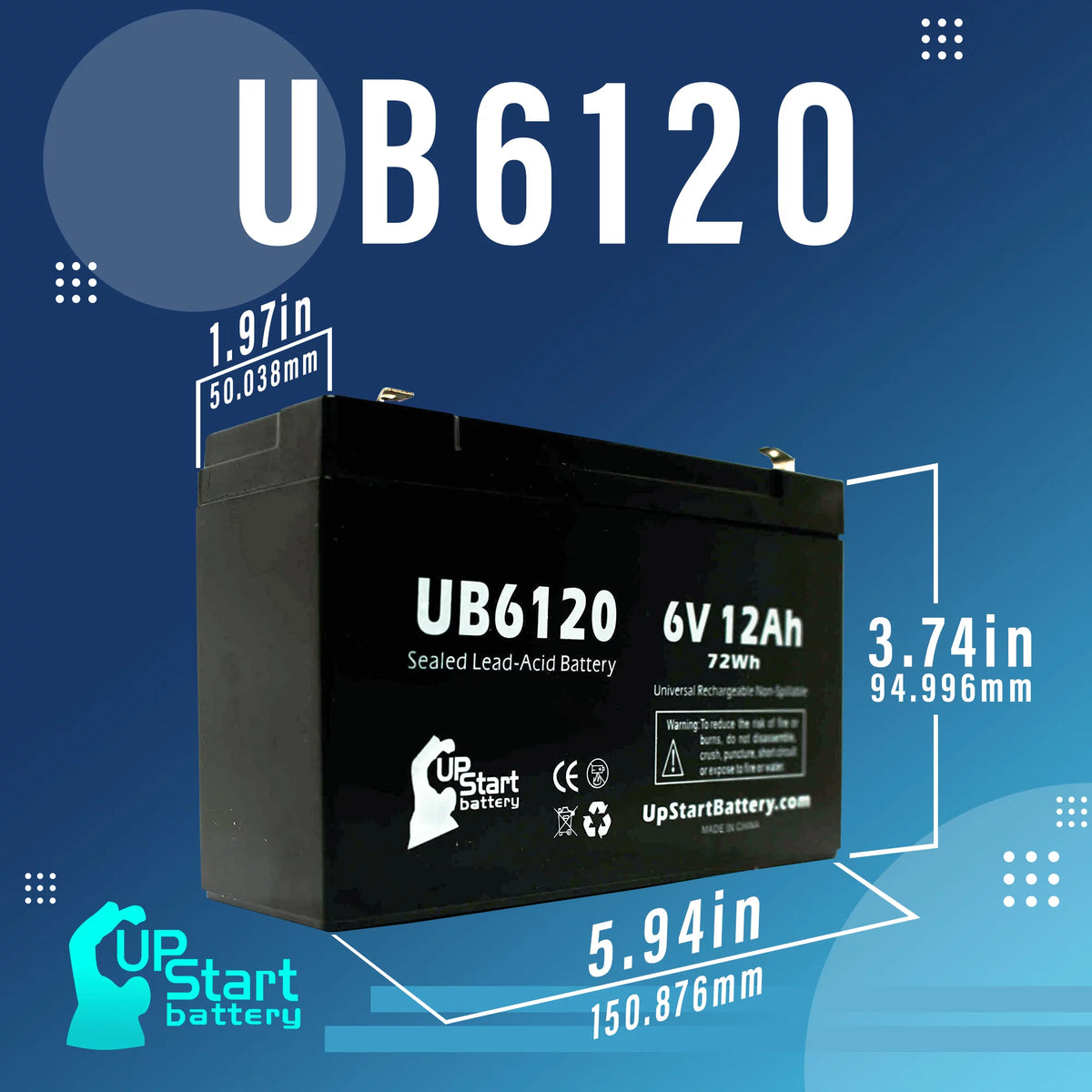 6V 12Ah Sealed Lead Acid Battery with F1 to F2 Terminal Adapters K8235