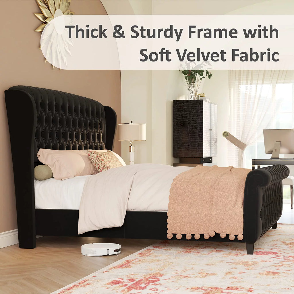 King Size Chenille Upholstered Sleigh Bed Frame P437