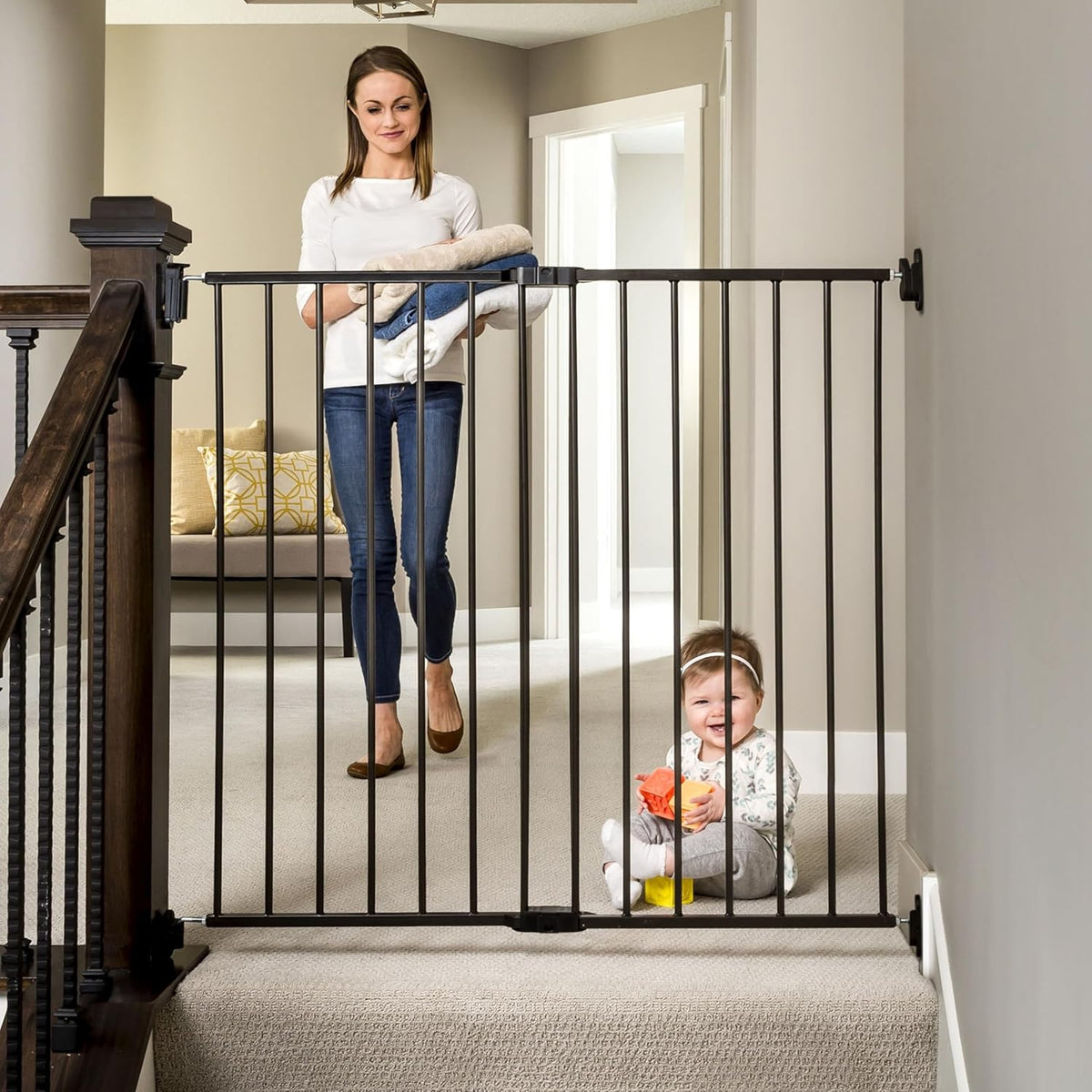 Black 36" H Baby Gate and 76" Wide 3-Panel Configurable Baby Gate U597224