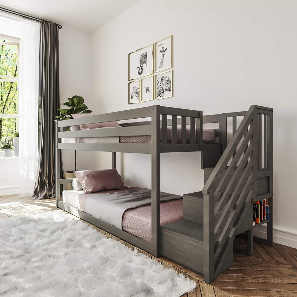 White Twin Low Bunk Bed with Staircase R8231