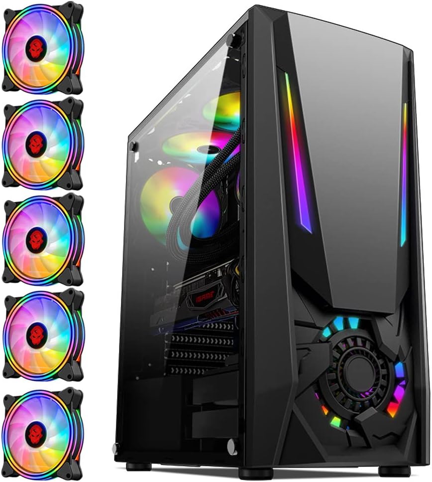 Mid Tower Desktop PC Gaming Computer Case with 5pcs 120mm ARGB Fans Tempered Glass Side Panels Black I315