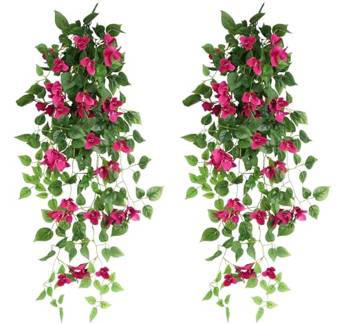 2pcs Artificial Bougainvillea Hanging Flowers 40" Faux Silk Bougainvillea Flower Vines (Rose Red) J563109