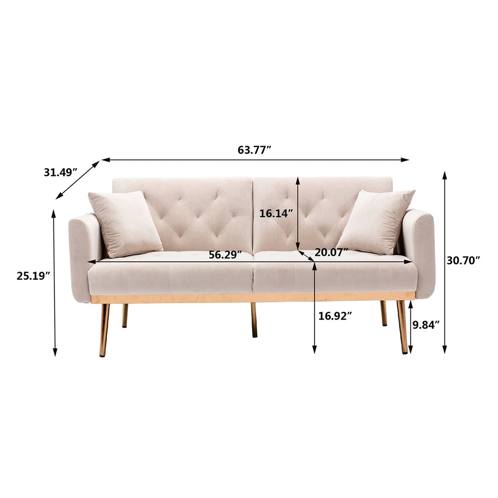 Beige Velvet Futon Sofa Bed with Two Pillows Z773
