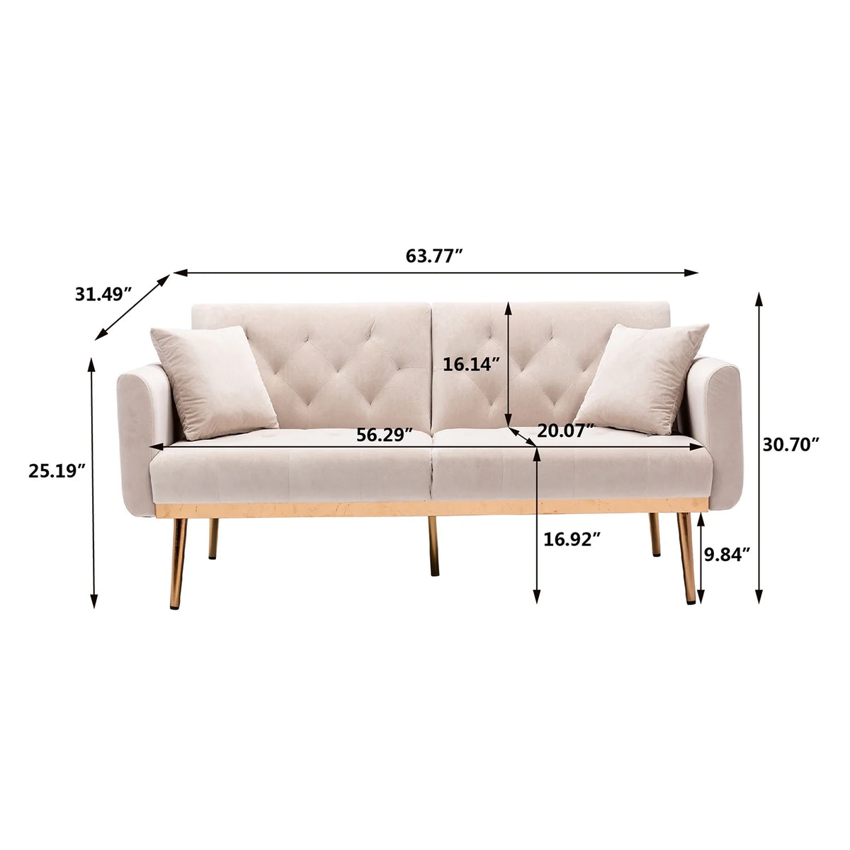 Beige Velvet Futon Sofa Bed with Two Pillows Z773