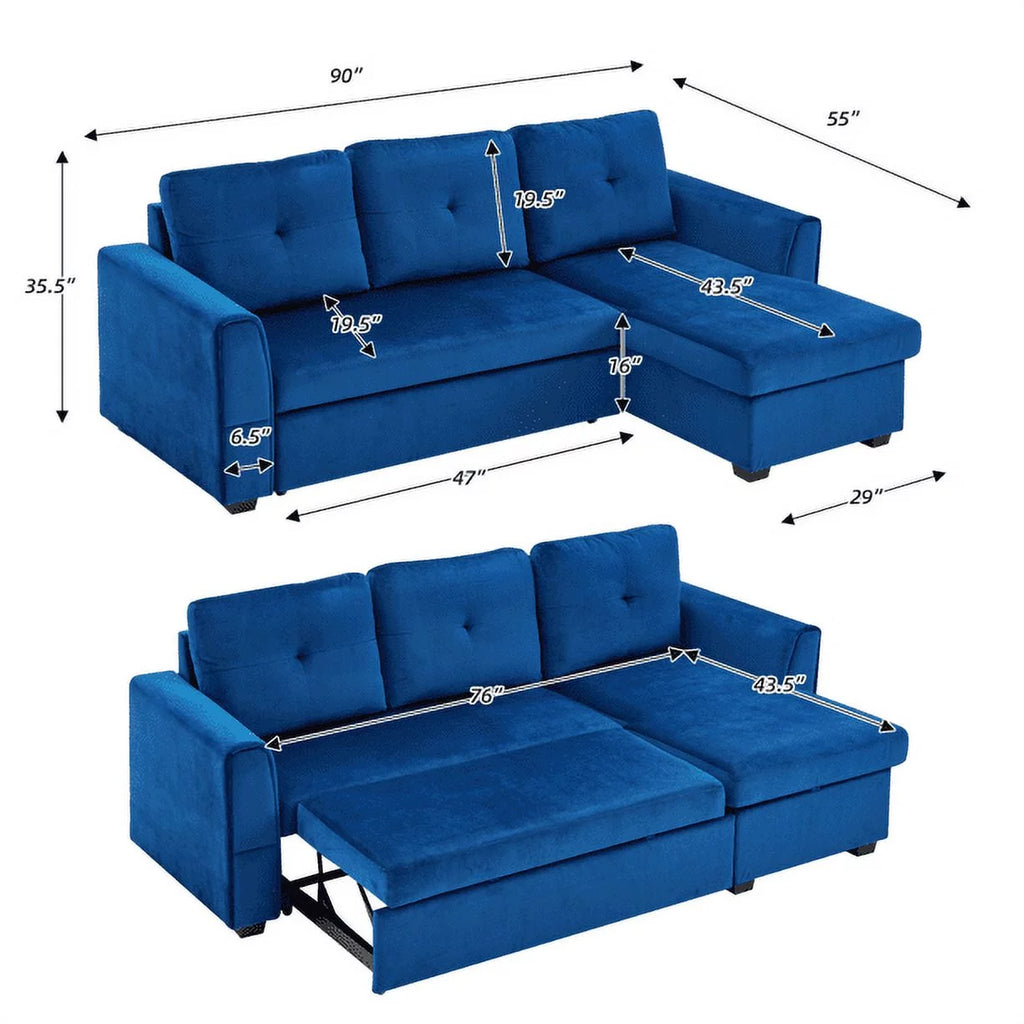 Blue Flannel L-Shaped Sleeper Sofa with Storage Ottoman Y273558