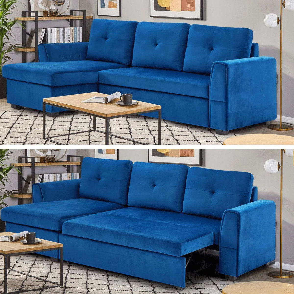Blue Flannel L-Shaped Sleeper Sofa with Storage Ottoman Y273558