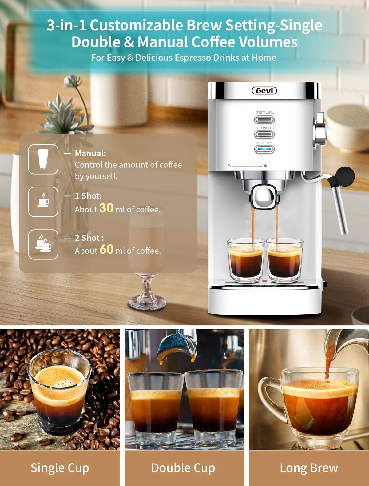 White 20 Bar Automatic Espresso Coffee Maker with Milk Frother Wand U68173