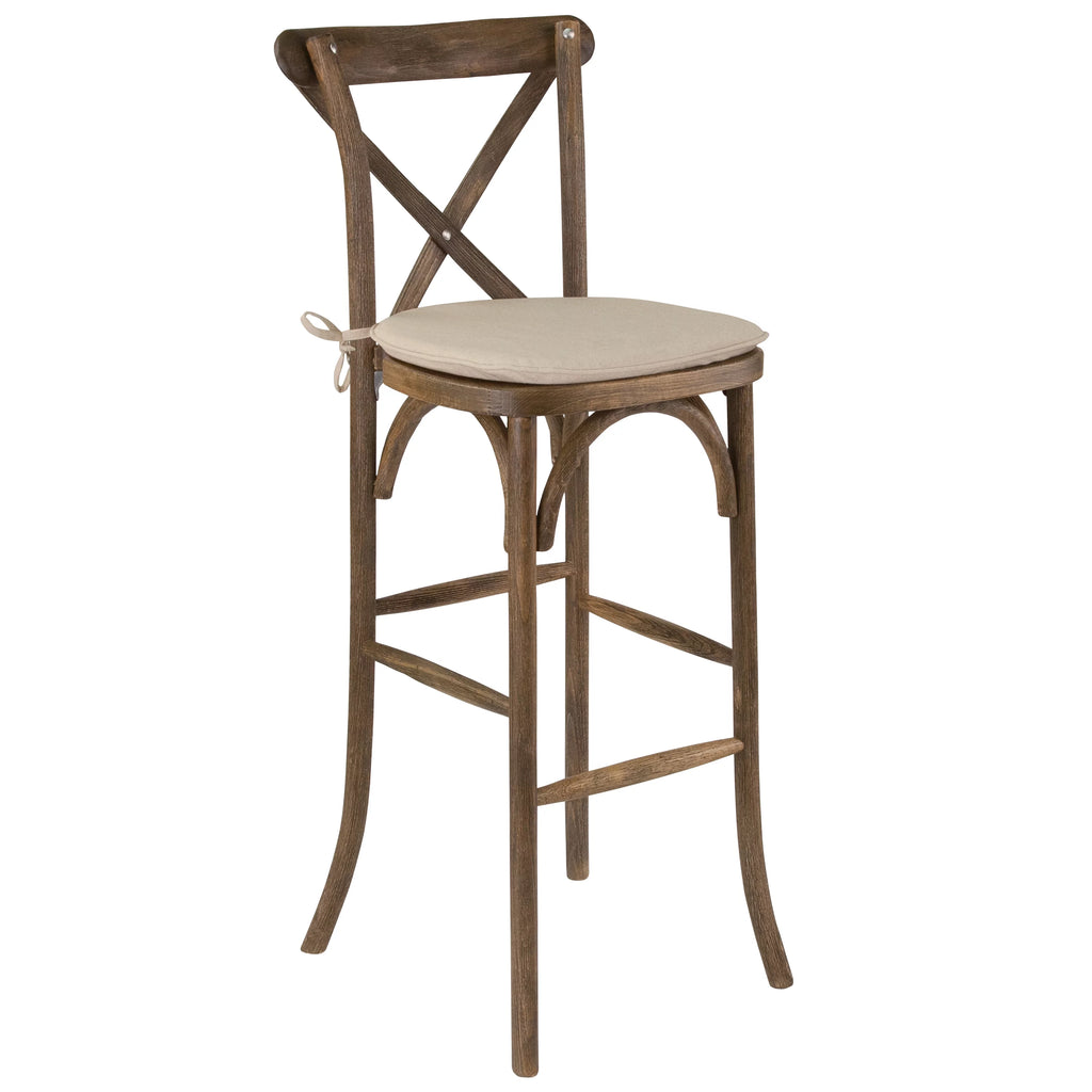 Dark Antique Wood Cross Back Barstool with Cushion T487978