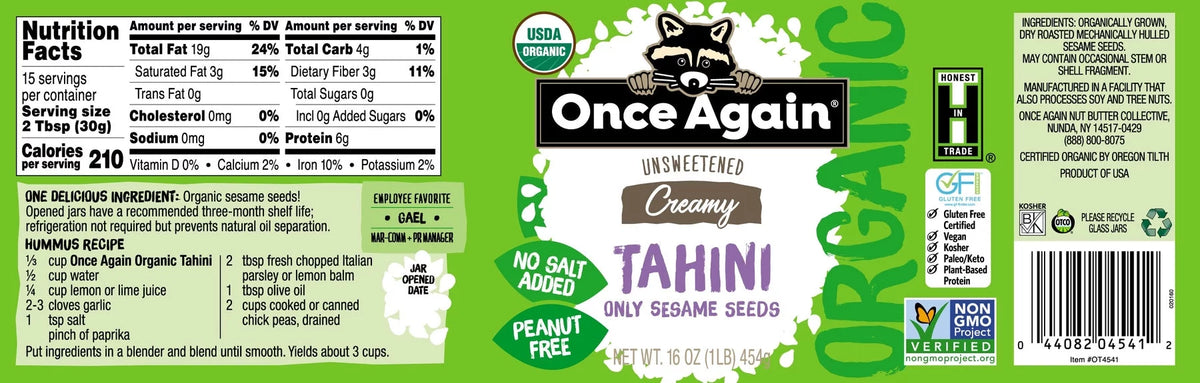 Organic Unsweetened Tahini 16 oz Pack of 2 U865