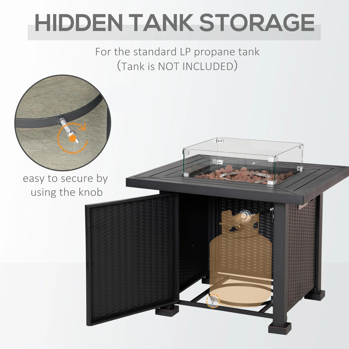 34 Inch Outdoor Propane Gas Fire Pit Table with Glass Wind Guard, Lid, Lava Rocks, Steel Base R24425