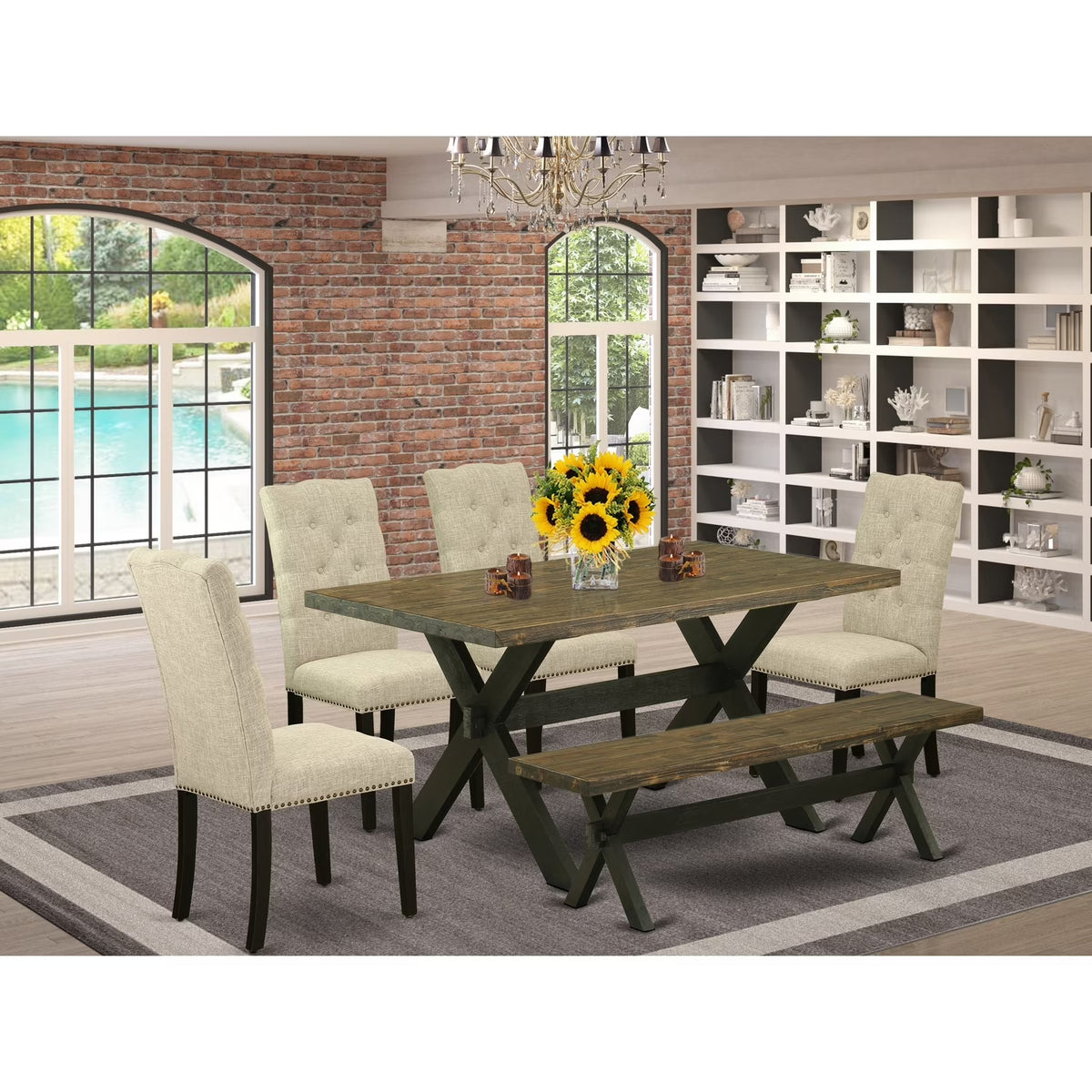 6-Pc Dining Chairs with Doeskin Linen Fabric Seat and Button Tufted Chair Back, Bench and Mid Century Dining Table with Wood Legs S7366