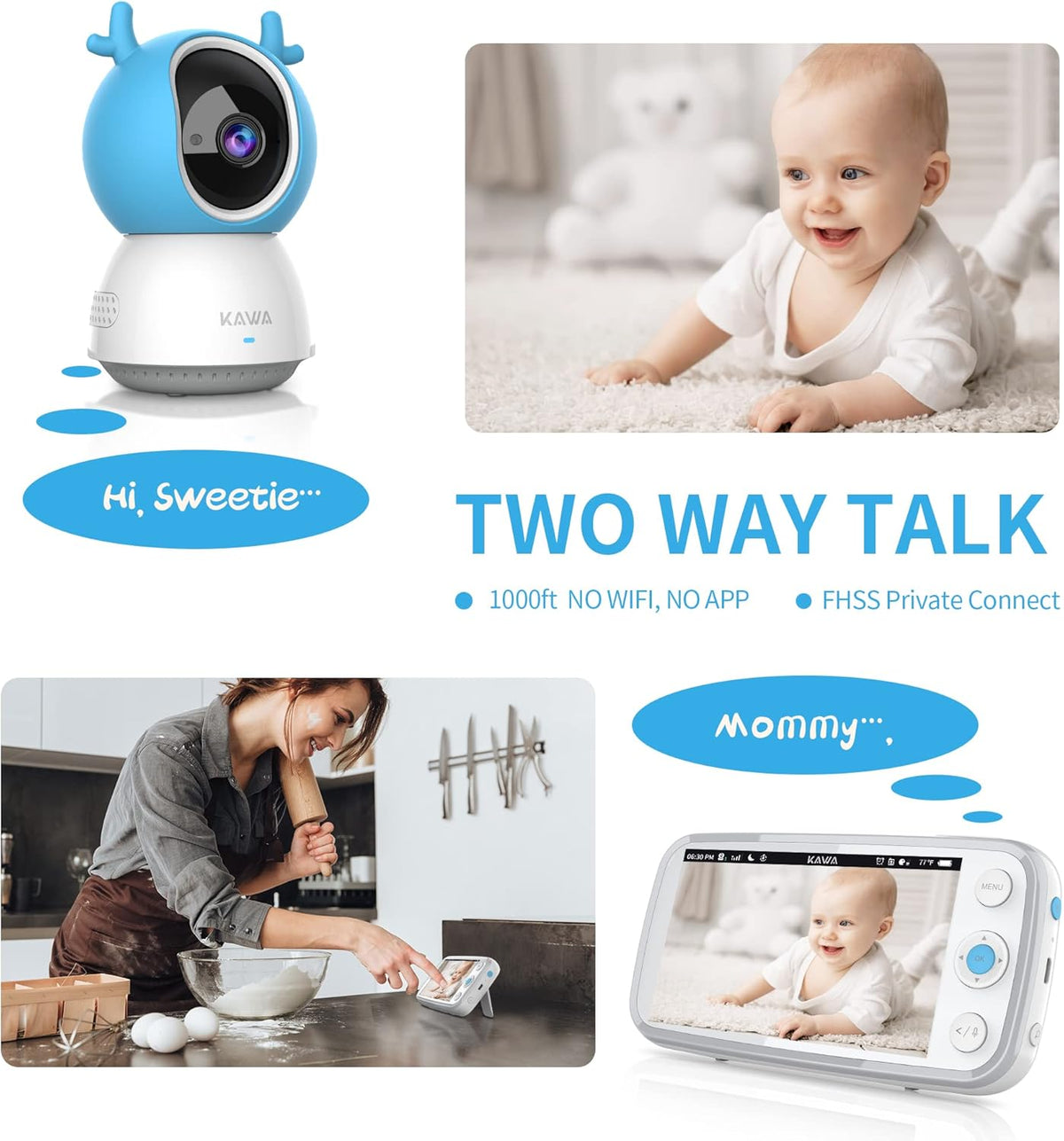 Baby Monitor with Camera and Audio, 720P HD Display, Night Vision, 2-Way Audio F300