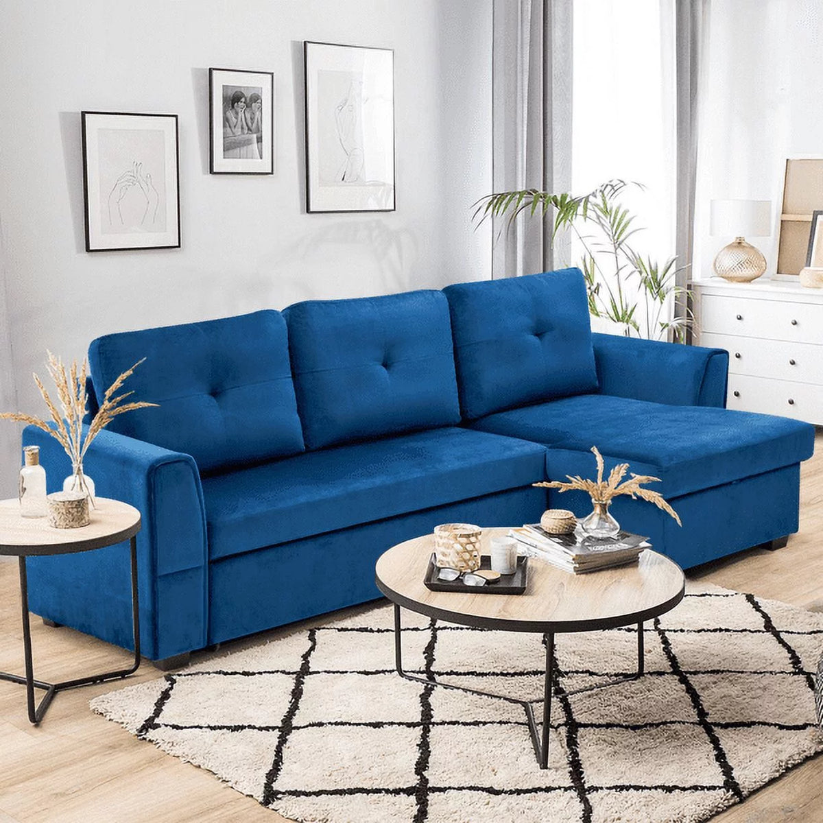 Blue Flannel L-Shaped Sleeper Sofa with Storage Ottoman Y273558