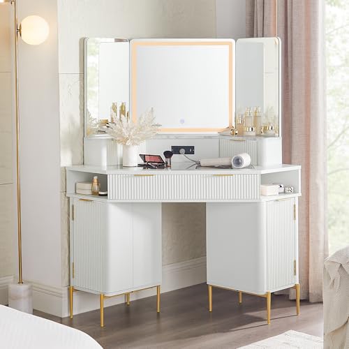 White Corner Vanity Desk with Mirror and Lights, Glass Top, 3 Drawers J111048