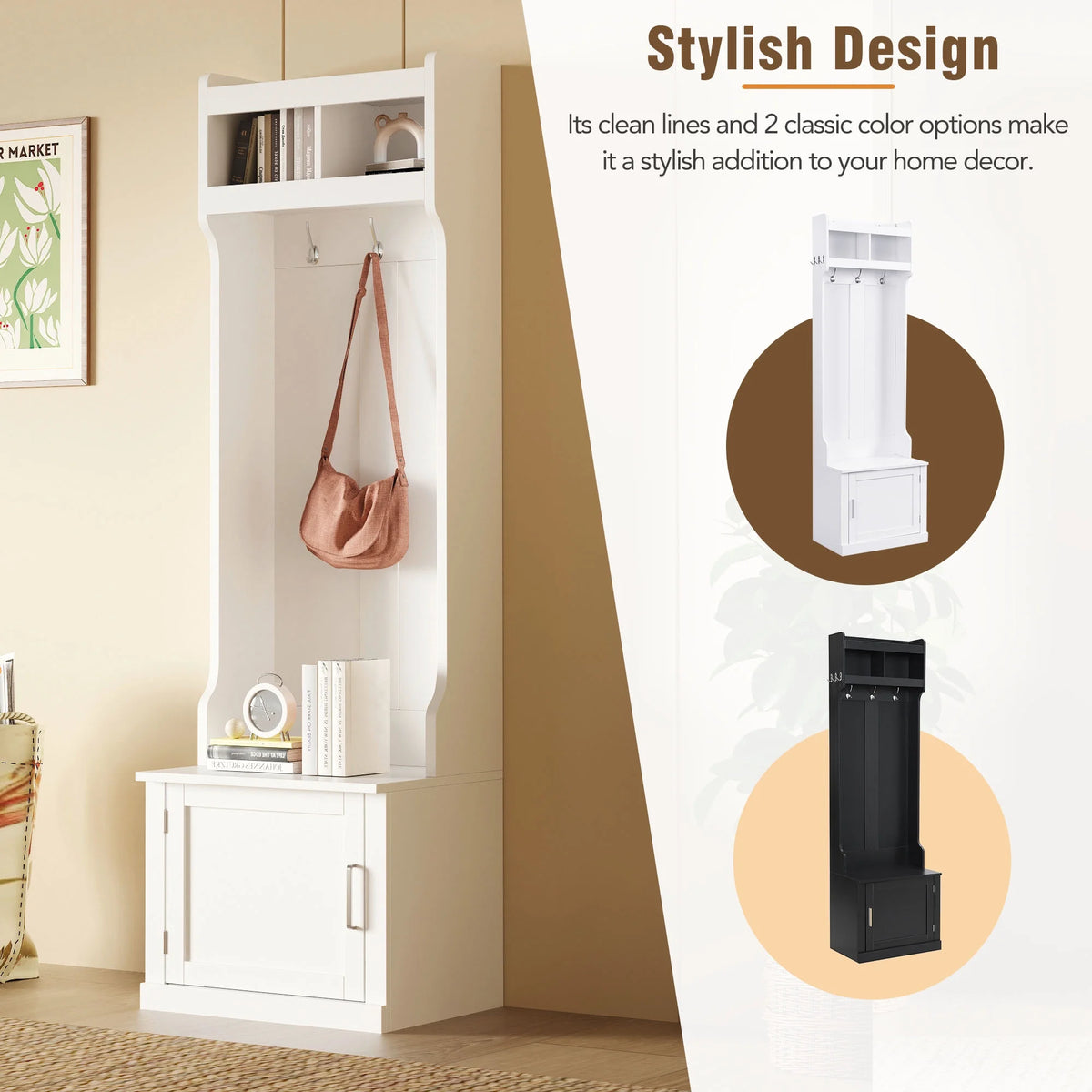 White Slim Hall Tree with Cabinet & 6 Hanging Hooks Storage Bench with Coat Rack C618869
