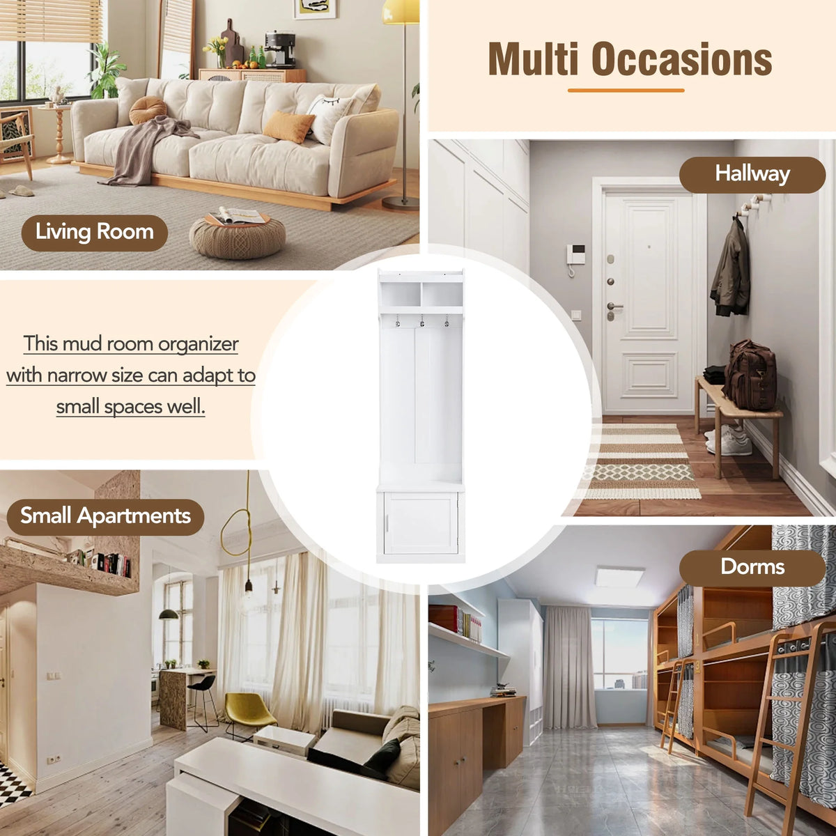 White Slim Hall Tree with Cabinet & 6 Hanging Hooks Storage Bench with Coat Rack C618869