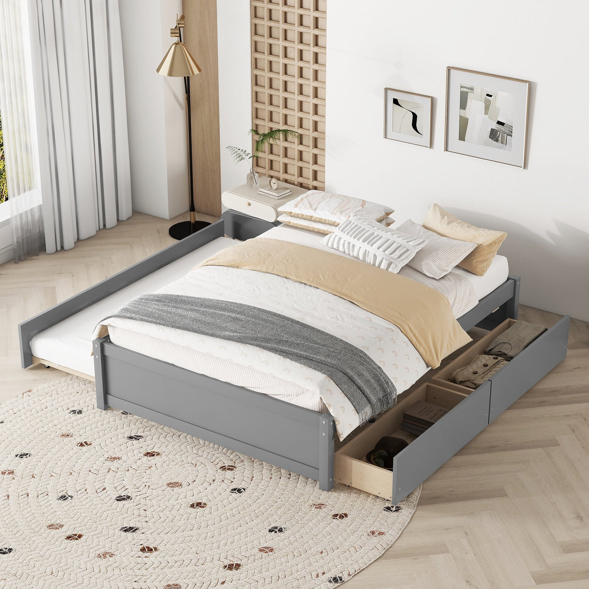 Beige Queen Size Upholstered Platform Bed Frame with Wooden Slats W627893