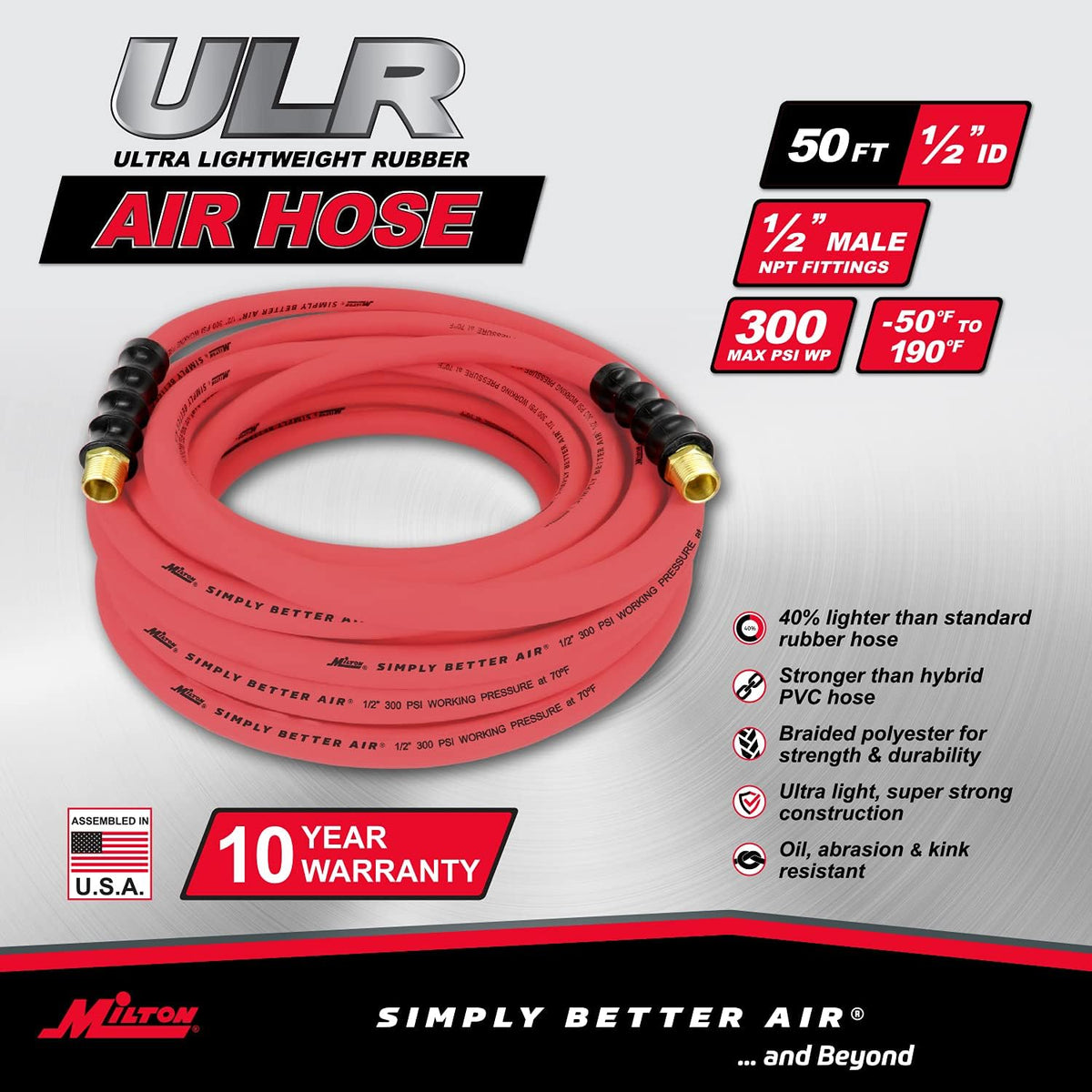 50 ft. x 1/2 ID Ultra Lightweight Rubber Air Hose H7570