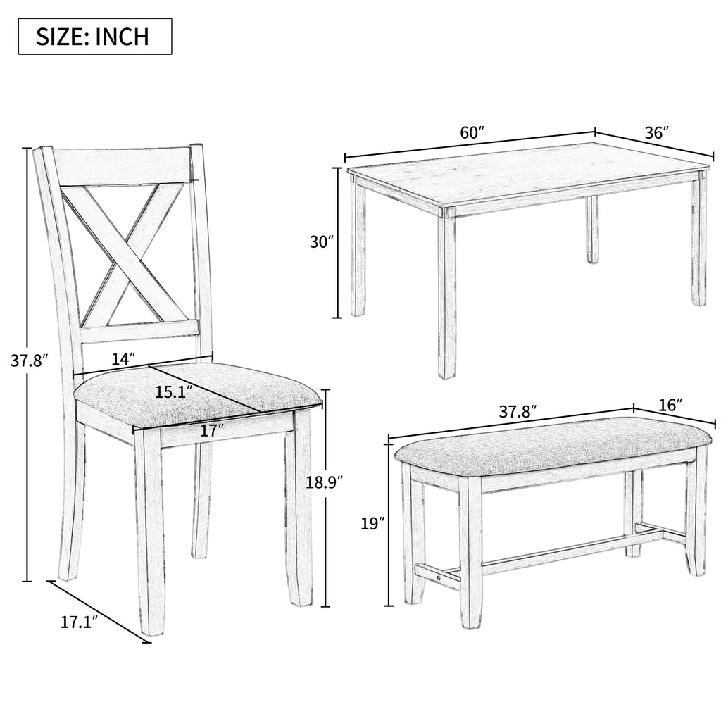 6-Piece Wooden Rectangular Dining Table Set with 4 Fabric Chairs and Bench W866699