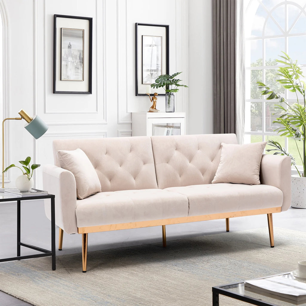 Beige Velvet Futon Sofa Bed with Two Pillows Z773