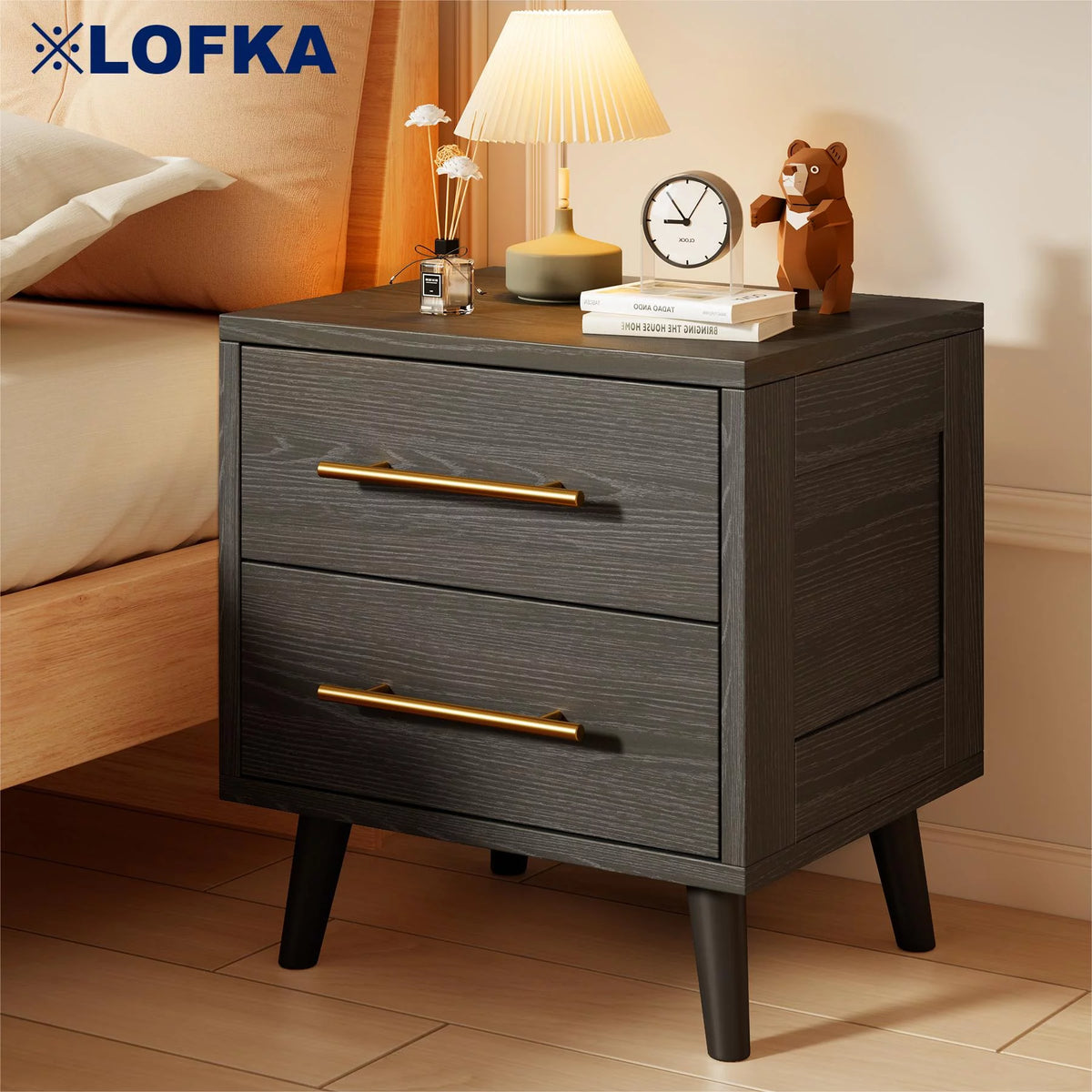 Black 2 Drawer Wood Nightstand L436