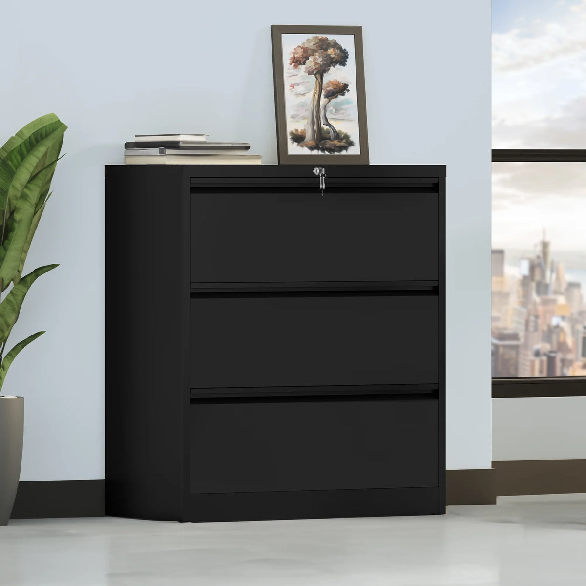 3 Drawer Black Metal Lateral File Cabinet with Lock E4633