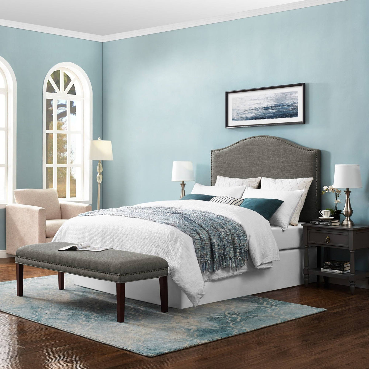 Gray Upholstered Camelback Full Queen Panel Headboard V98550