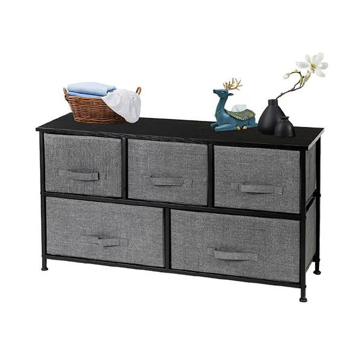 2-Tier Wide Dresser with 5 Fabric Drawers and Metal Frame, Grey D1533