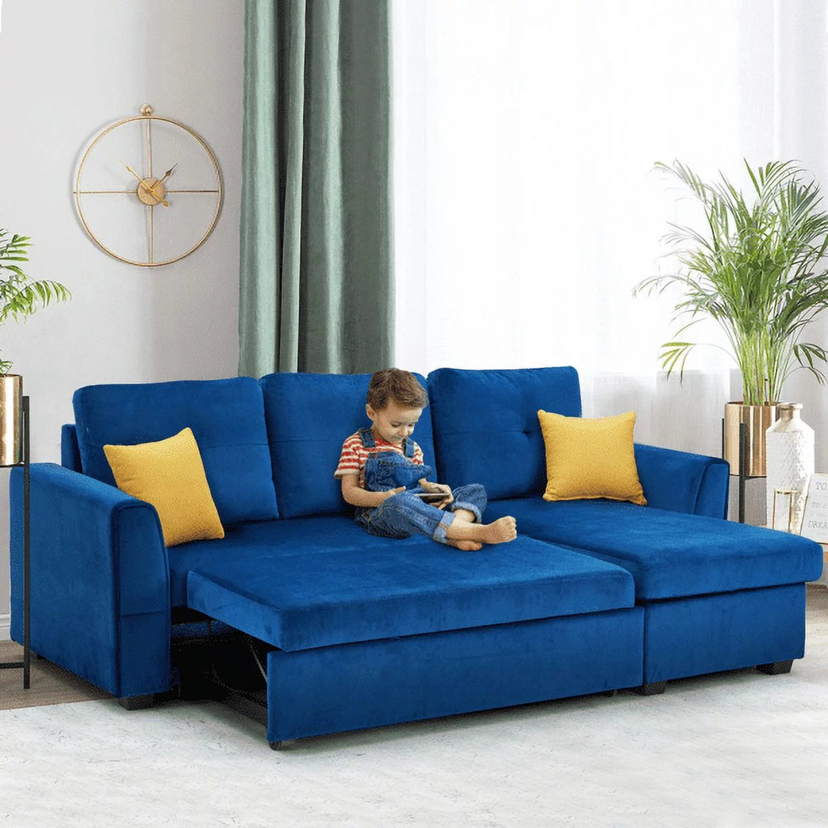 Blue Flannel L-Shaped Sleeper Sofa with Storage Ottoman Y273558