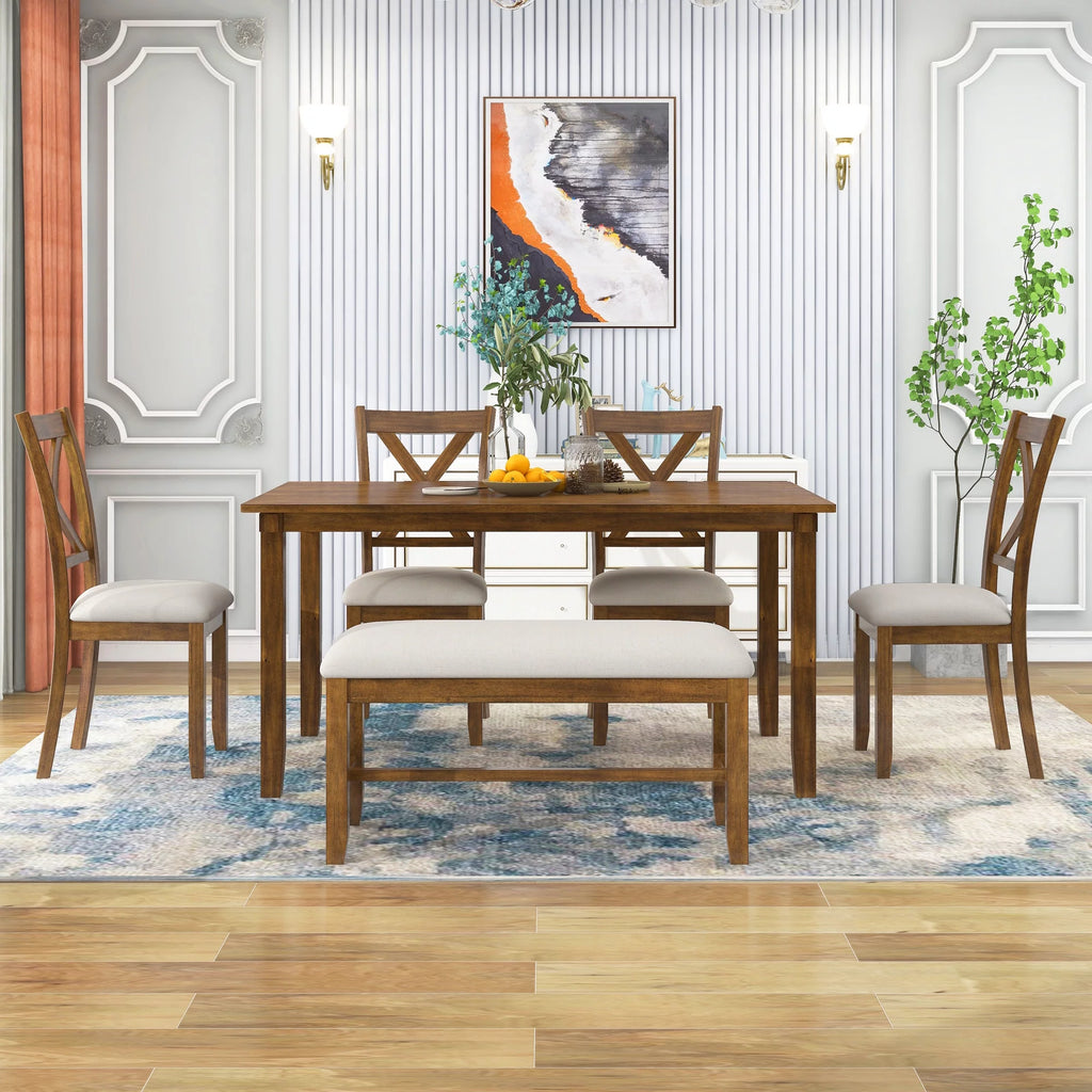 6-Piece Wooden Rectangular Dining Table Set with 4 Fabric Chairs and Bench W866699