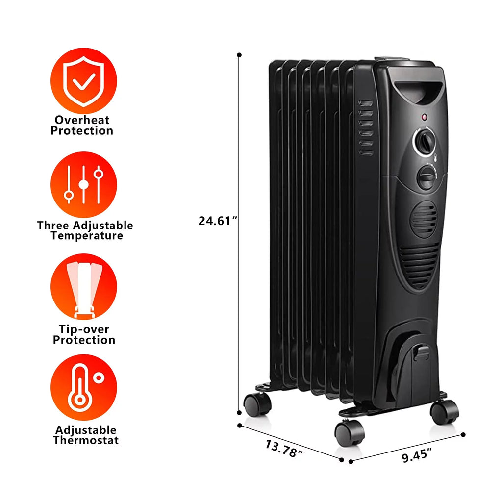 Oil Filled Radiator Heater with 3 Heat Settings, Adjustable Thermostat, Overheat & Tip-Over Protection (Black) H3136