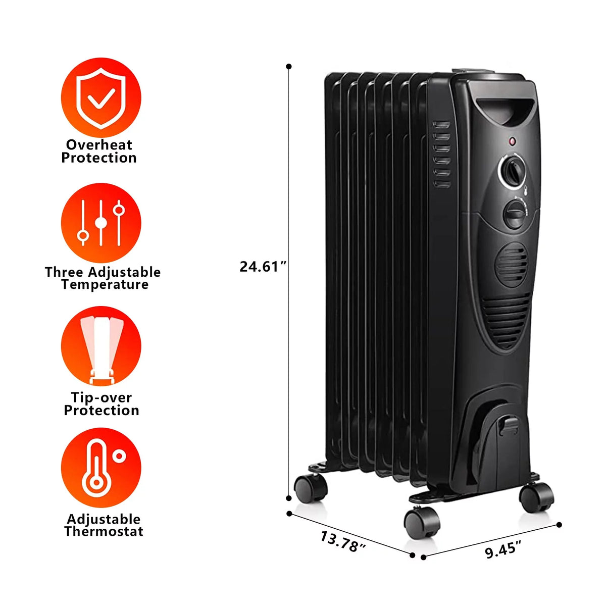 Oil Filled Radiator Heater with 3 Heat Settings, Adjustable Thermostat, Overheat & Tip-Over Protection (Black) H3136