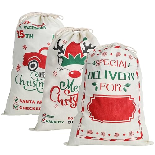 3Pack Christmas Santa Burlap Sacks with Drawstring 26" x 19" Large F5081