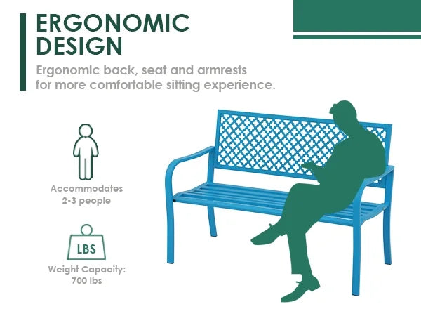 50in Blue Metal Outdoor Garden Bench with Armrest K400