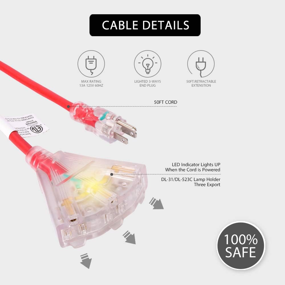 50 Feet Retractable Extension Cord Reel with Swivel Bracket and LED Light Connector K55258