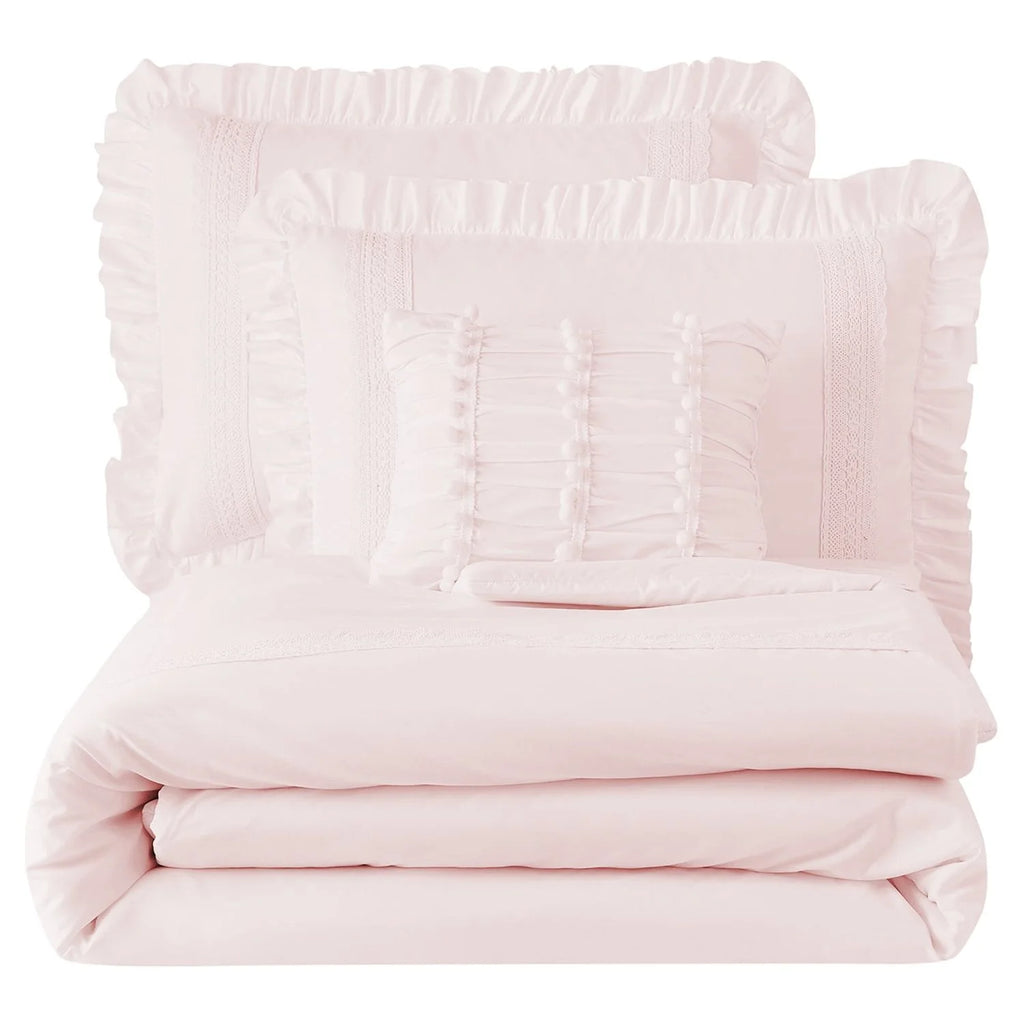 Pink Crochet Stripe 4-Piece Microfiber Comforter Set U963996