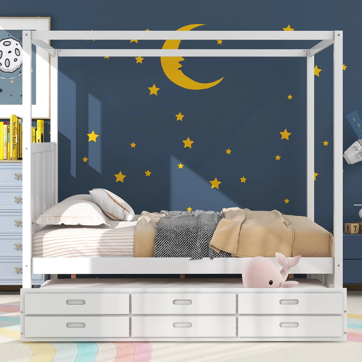 Queen Size Canopy Platform Bed with Trundle and Storage Drawers O53216