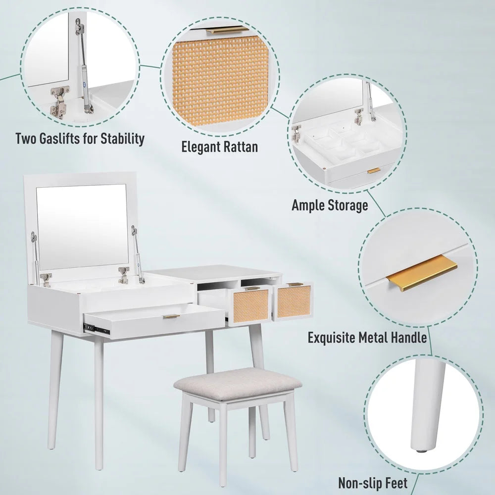 43.3" Wood Makeup Vanity Set with Flip-top Mirror and Stool Q5834