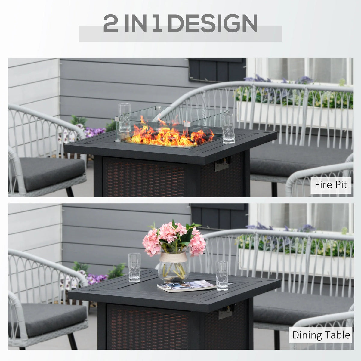 34 Inch Outdoor Propane Gas Fire Pit Table with Glass Wind Guard, Lid, Lava Rocks, Steel Base R24425
