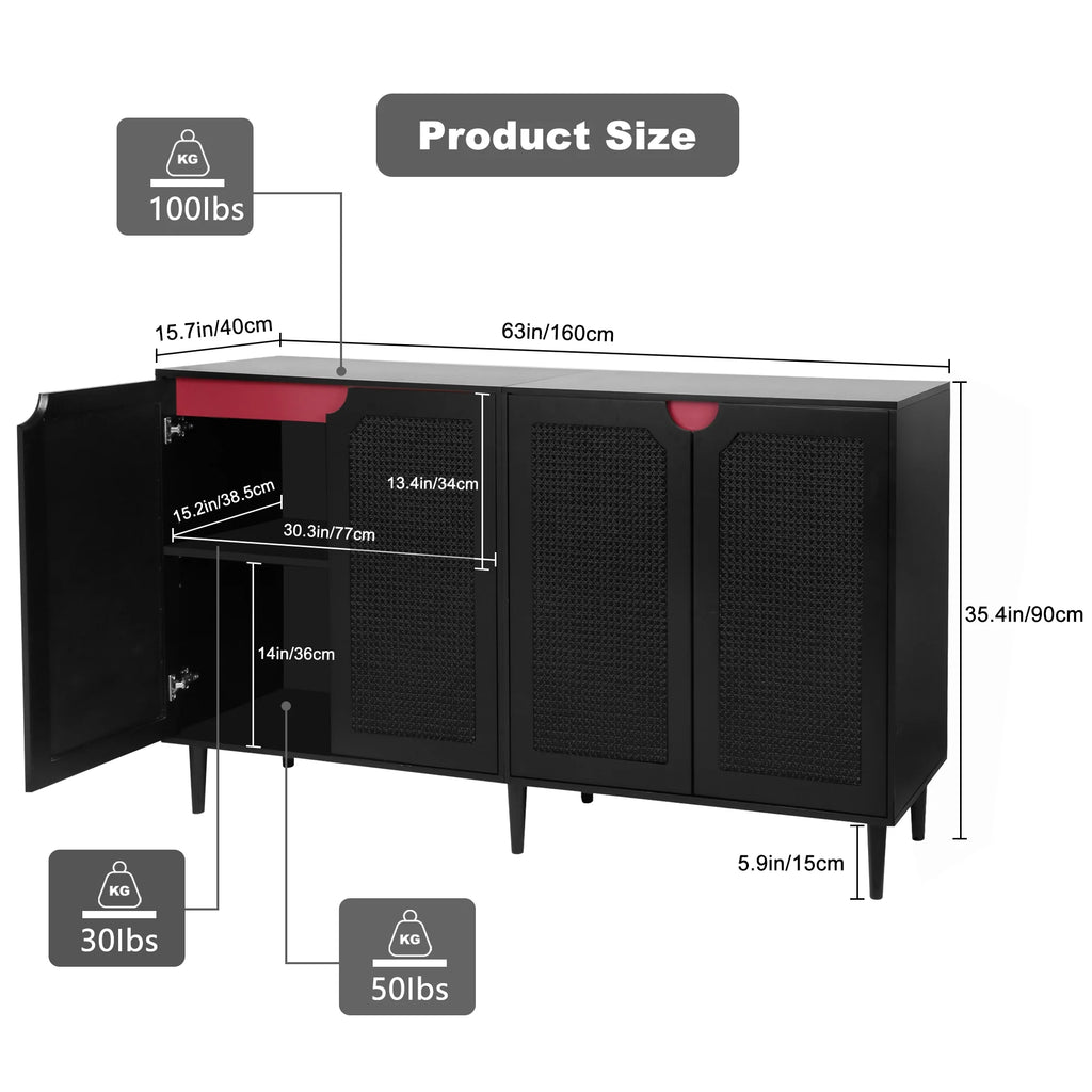 Black Rattan Storage Cabinet with 4 Doors B4595
