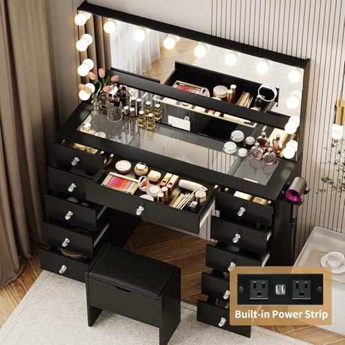 White Glass Top Makeup Vanity Desk with Lighted Mirror and 11 Drawers C764