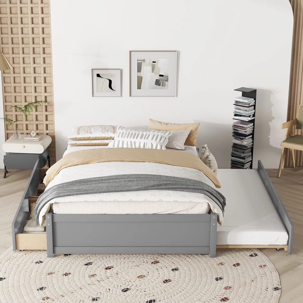 Beige Queen Size Upholstered Platform Bed Frame with Wooden Slats W627893