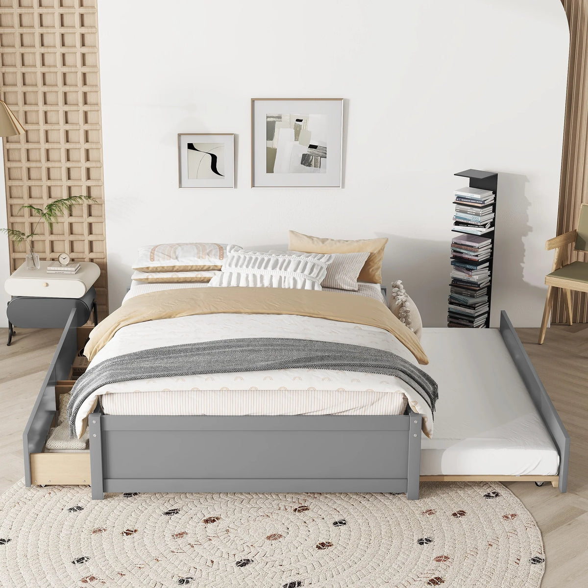 Beige Queen Size Upholstered Platform Bed Frame with Wooden Slats W627893