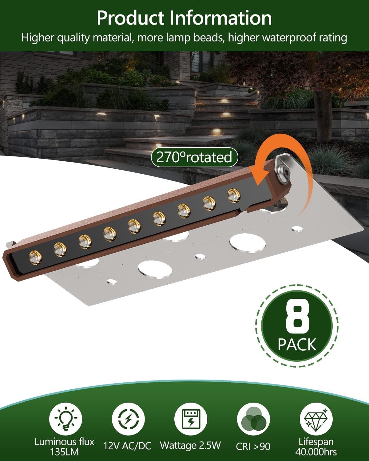 8-Pack 7 Inch LED Hardscape Lighting, IP68 Waterproof, Low Voltage 12-36V AC/DC Landscape Lighting, 2700K Warm White I320009