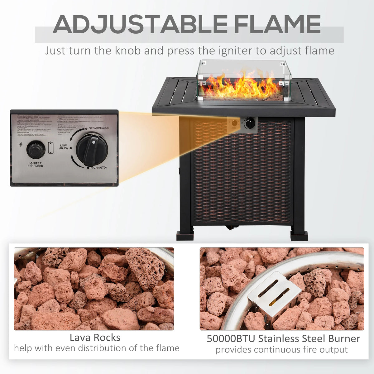 34 Inch Outdoor Propane Gas Fire Pit Table with Glass Wind Guard, Lid, Lava Rocks, Steel Base R24425