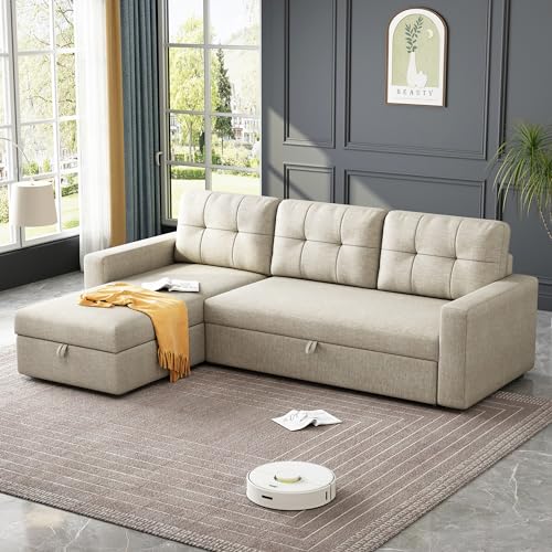 Beige L-Shape Sleeper Sectional Sofa with Pull-Out Bed V74765